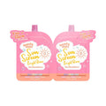 Two pink sun screen pouches with branding on a white background
